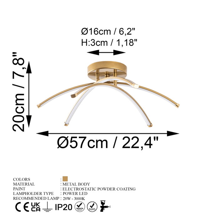 Opviq Lámpara de araña dorada con cuerpo de metal y LED